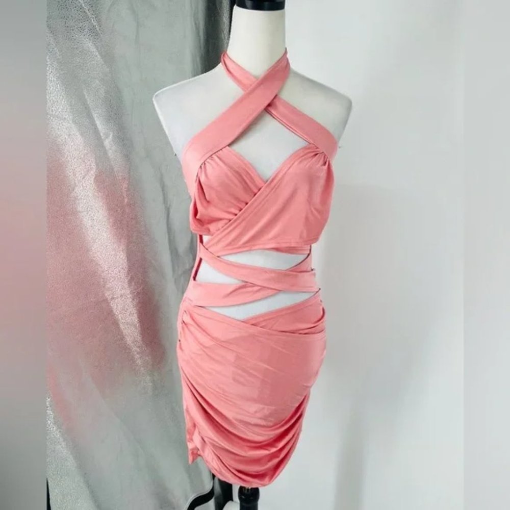 Pink Sleeveless Halter Neck Backless Cutout Wrap Bodycon Mini Dress - Picture 9 of 17